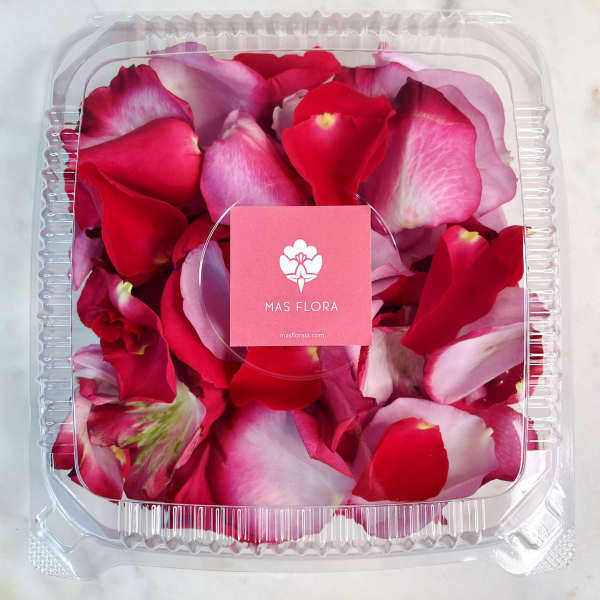 Clear plastic box filled with red and pink rose petals