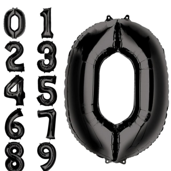 Black number-shaped foil balloons from 0 to 9, with a large 0 shown prominently