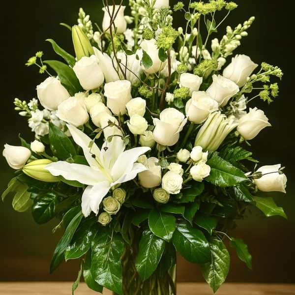 Tall arrangement of white roses and lilies with green accents in a clear glass vase