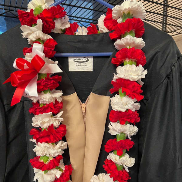 Red and white carnation lei draped over a black graduation gown