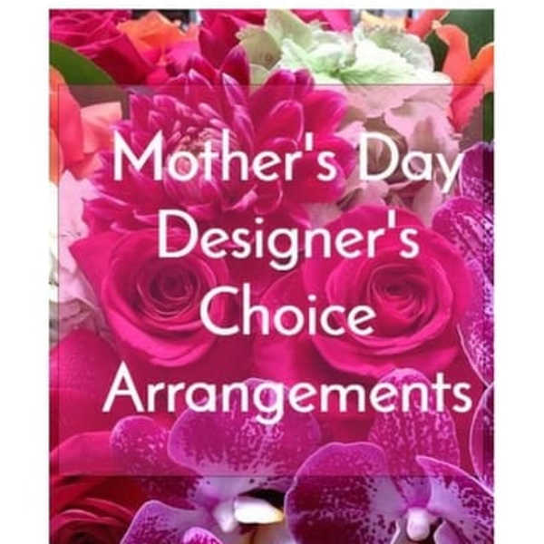Graphic with pink roses, dahlias, and orchids with text reading Mother's Day Designer's Choice Arrangements