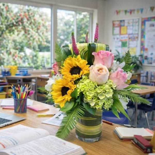 Bouquet of sunflowers and pink roses in a glass vase