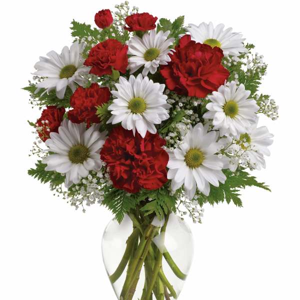 Red carnations and white daisies in a clear glass vase