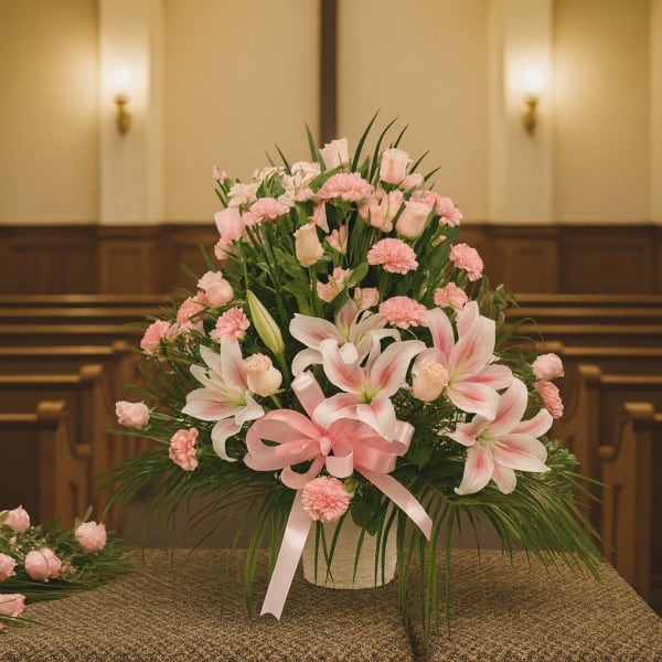Pink lilies and carnations arranged in a church setting with a ribbon bow