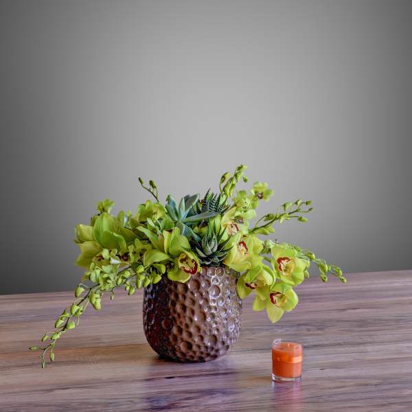 Green orchid and succulent arrangement in a textured vase beside a small candle