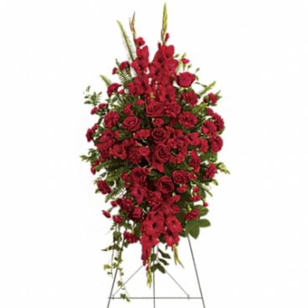 Tall red rose standing spray on an easel