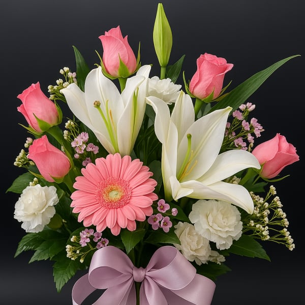 Mixed bouquet of pink roses, white lilies, carnations, and a gerbera daisy in a glass vase with a lavender bow.