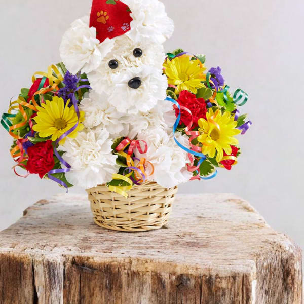 White flower teddy bear in a basket with colorful ribbon accents