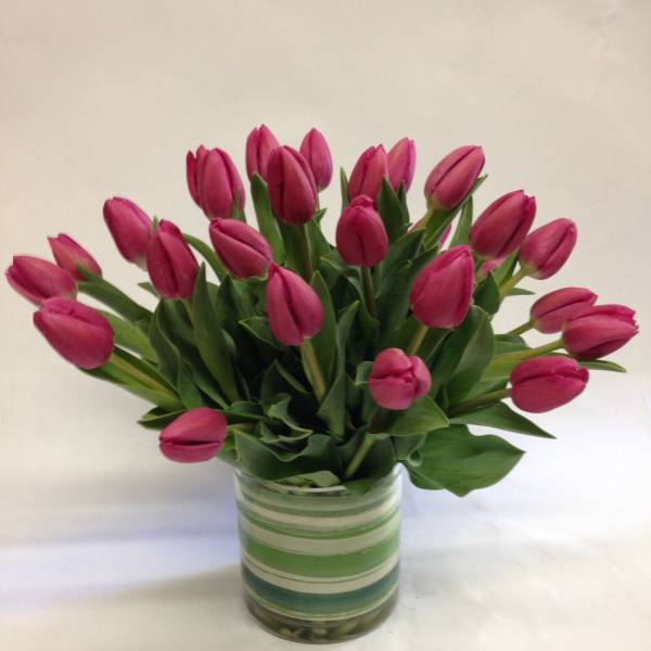 Pink tulips arranged in a striped glass vase