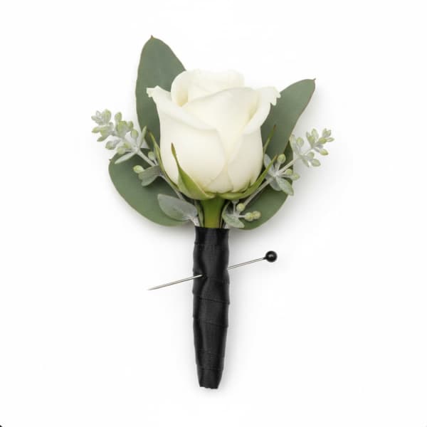White rose boutonniere with eucalyptus and black wrap