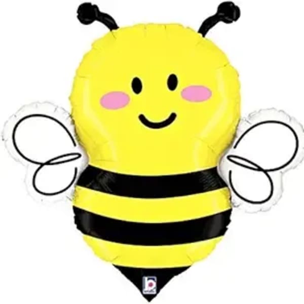 Bee-shaped yellow and black balloon with a smiling face