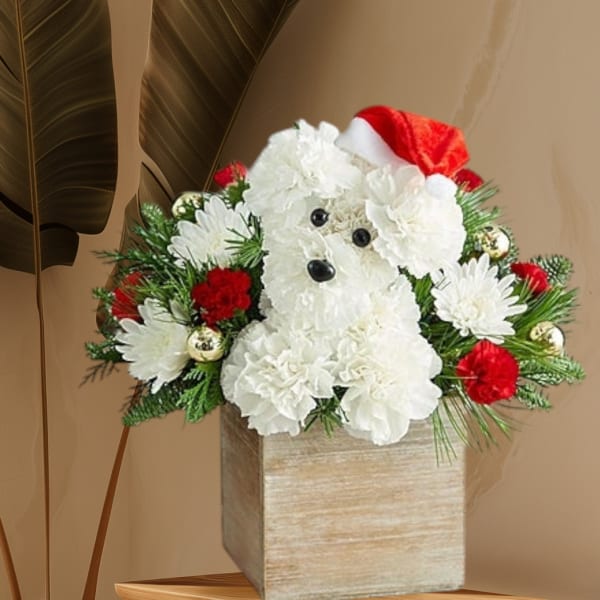 White teddy bear floral arrangement in a wooden box with red accents