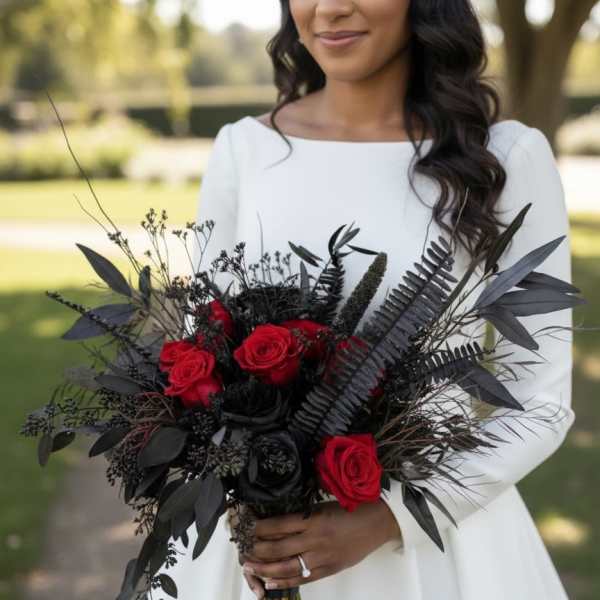 Bride holding a bouquet of red and black roses
