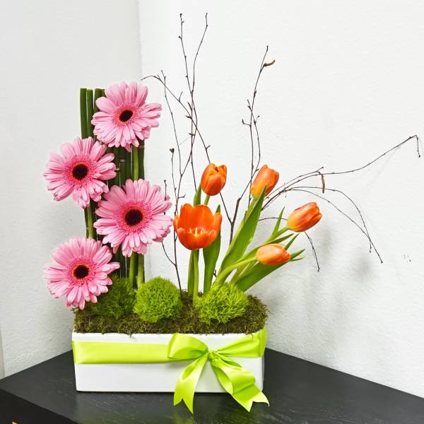 Pink gerbera daisies and orange tulips in a white box with a lime ribbon