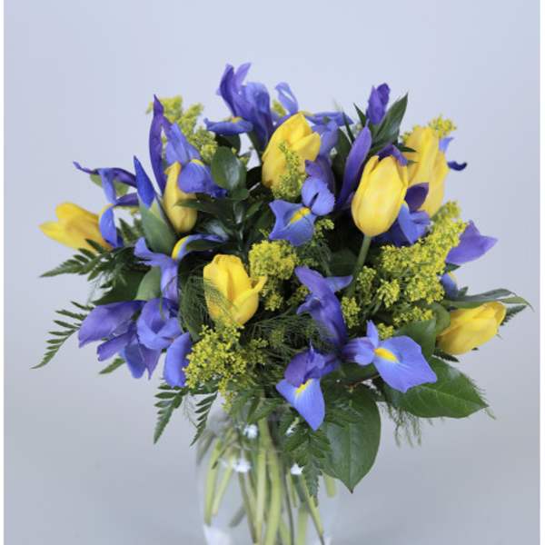Yellow tulips and purple irises in a clear glass vase