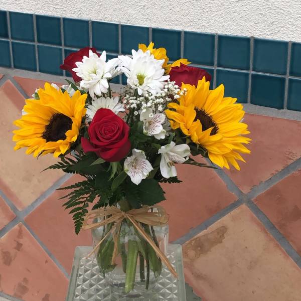 Sunflowers and Red Roses