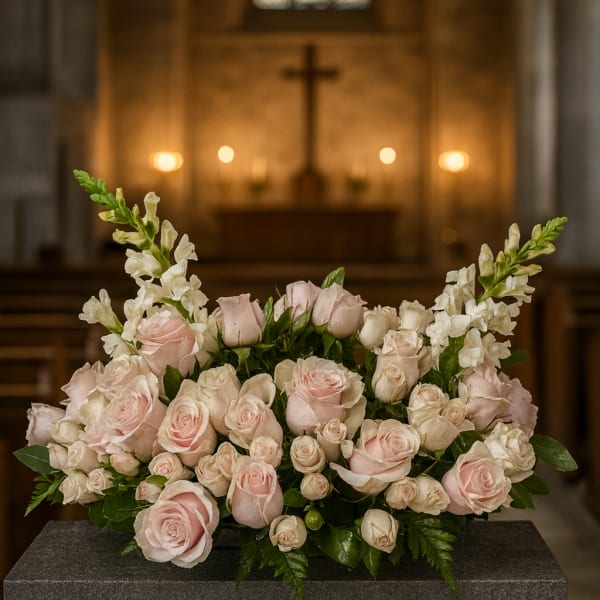 Pink and white rose arrangement on a pedestal in a church