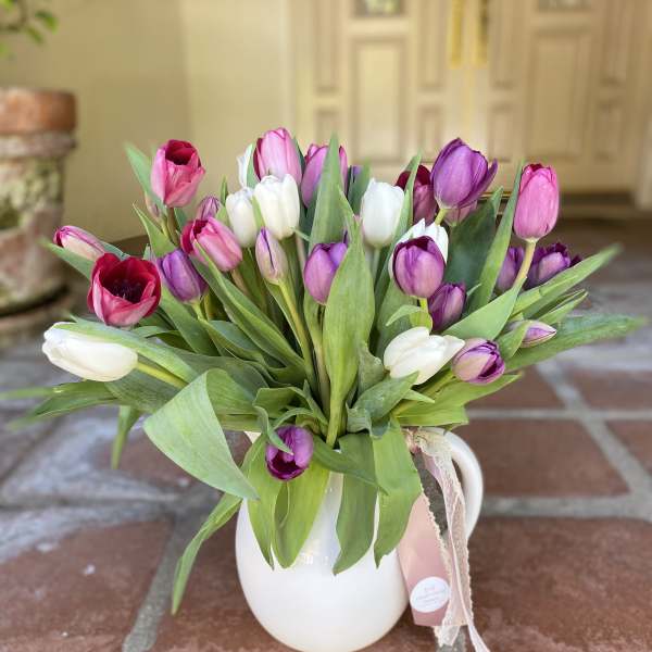 Bouquet of pink, purple, and white tulips in a white pitcher