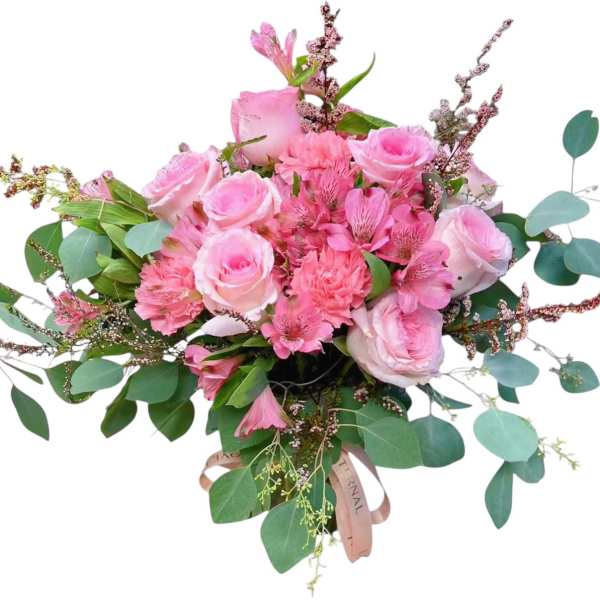 Pink rose bouquet with eucalyptus and small filler flowers