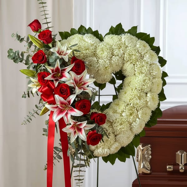 Heart-shaped floral wreath with red roses and white blooms on an easel