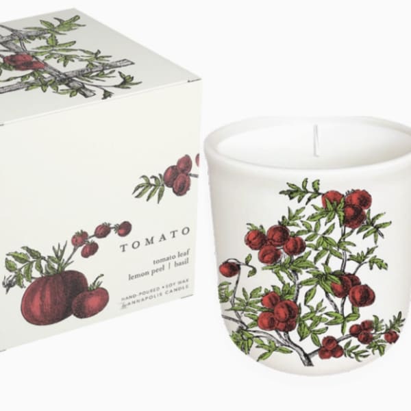Tomato-scented candle in a white glass jar with matching box