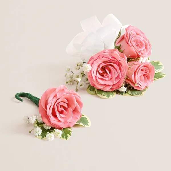Pink Spray Rose Corsage and Boutonniere (White)