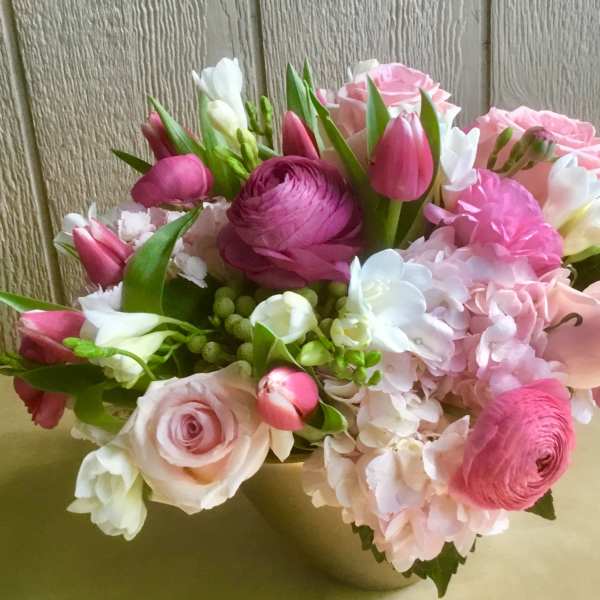 Pink and white mixed bouquet with roses, tulips, and hydrangea