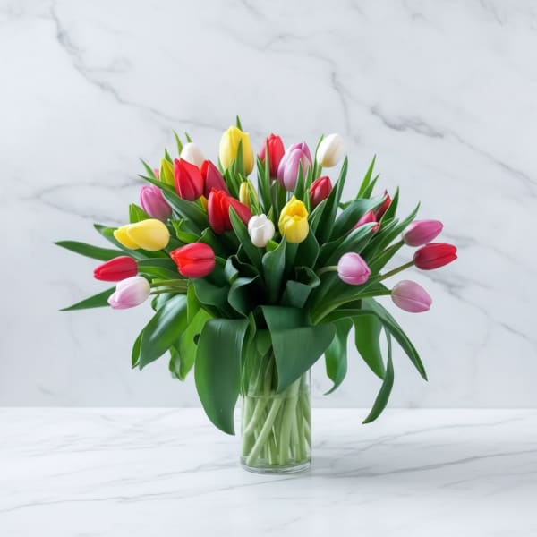 Bouquet of multicolored tulips in a clear glass vase