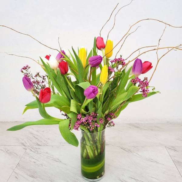 Simply Tulips - Mixed color tulips arranged in a vase.