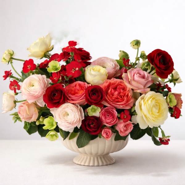 Mixed pink, red, and cream flowers arranged in a cream pedestal vase