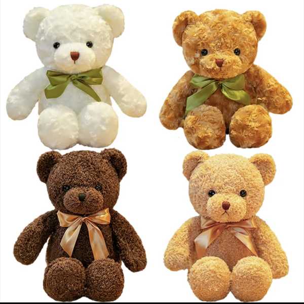Four plush teddy bears with ribbons on a white background