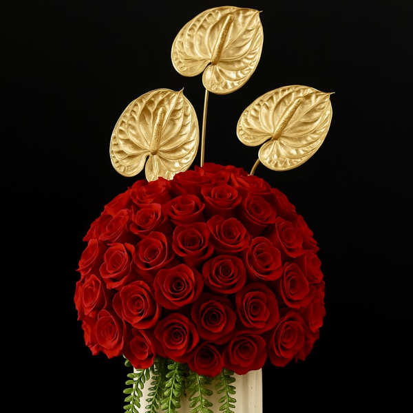 Tall cream vase filled with a dome of red roses, trailing greenery, and three gold anthurium stems