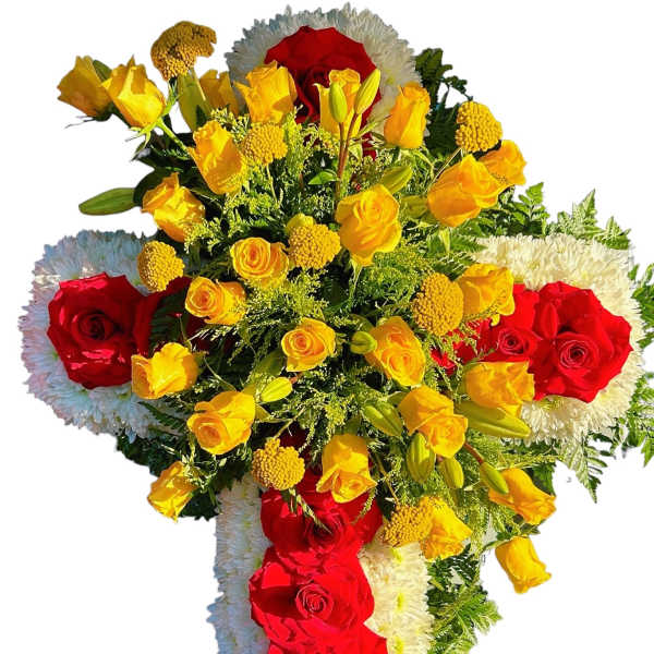 Cross-shaped floral spray with red and yellow roses and white chrysanthemums
