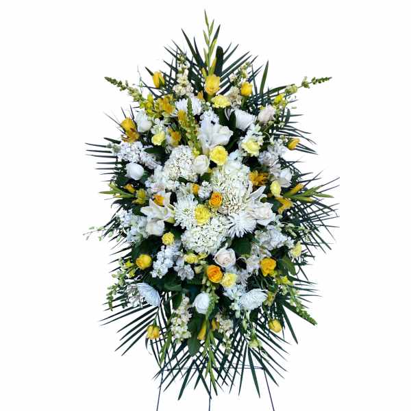 Standing floral spray with white and yellow flowers