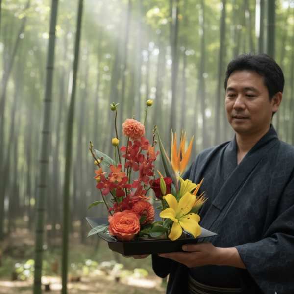 Man holding a floral arrangement with orange, yellow, and red blooms in a black tray
