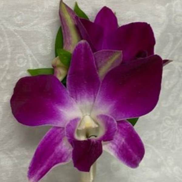 Purple orchid boutonniere with green accents on a wrapped stem
