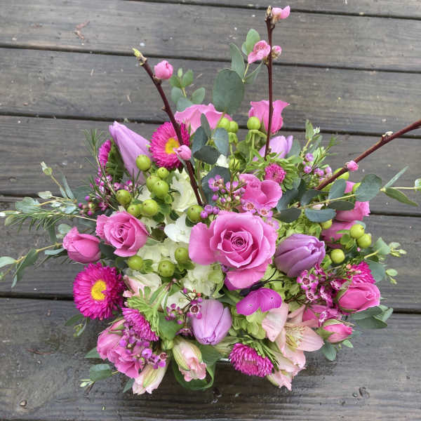 Pink and lavender bouquet with roses and mixed blooms
