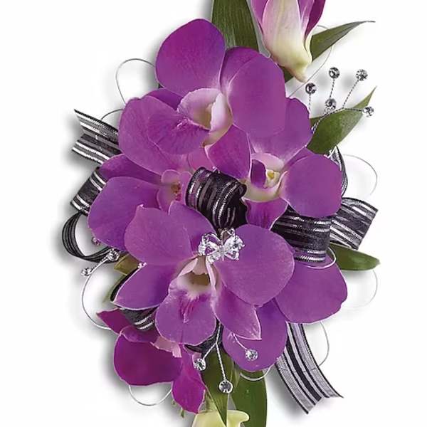 Purple orchid corsage with striped ribbon and silver accents