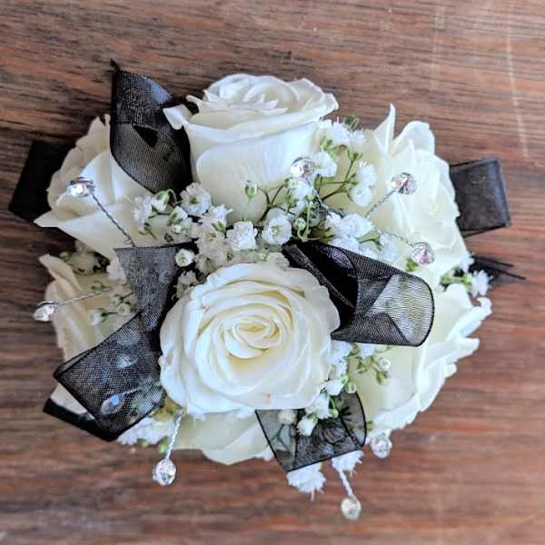 White rose bouquet with black ribbon and crystal accents