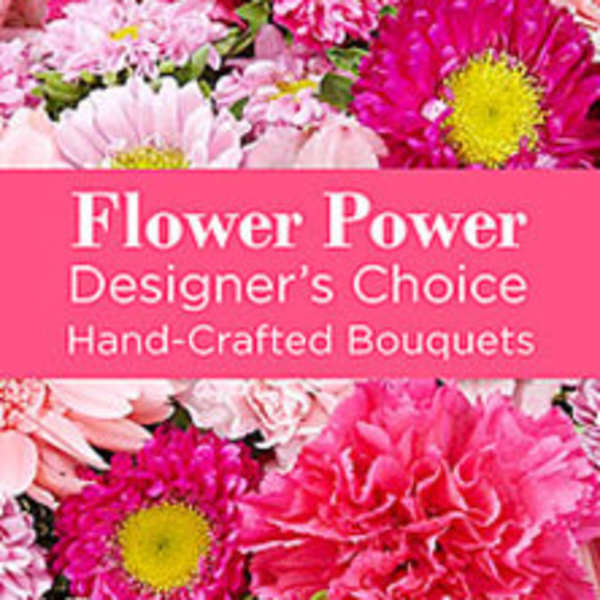 Pink and white mixed flower bouquet with a "Flower Power" label