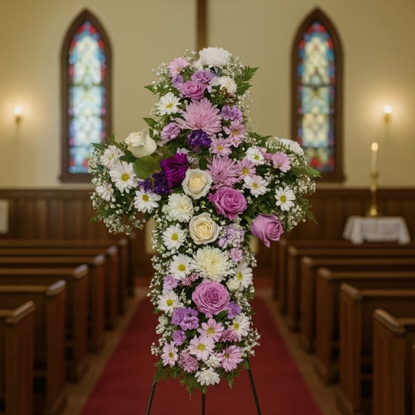 Cross-shaped floral spray in pink, white, and purple on an easel in a church