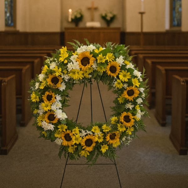 Sunflower and white daisy wreath on a stand inside a church