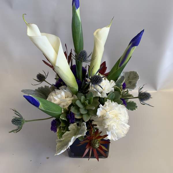 Arrangement of white calla lilies, carnations, and succulents in a dark vase
