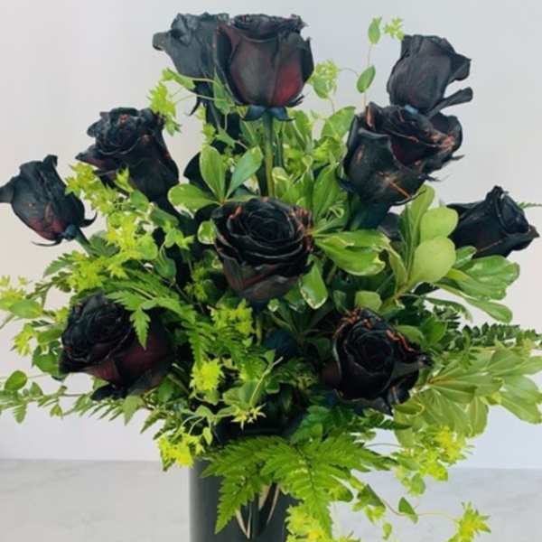 Black roses arranged in a tall black vase with bright green foliage