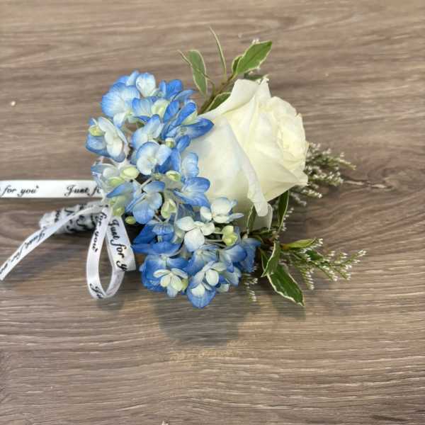 White rose with blue hydrangea and ribbon boutonniere