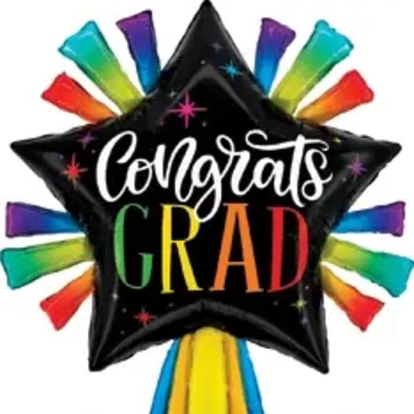 Black star-shaped graduation balloon with rainbow accents and tassel
