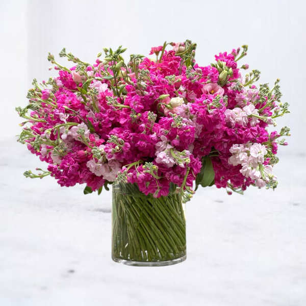 Pink and pale blush flowers in a clear glass vase