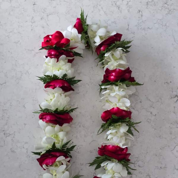 Orchid Lei (Double White Orchid withRed Rose Petals)