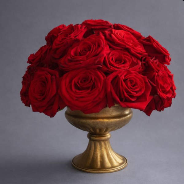 Red roses arranged in a gold pedestal vase