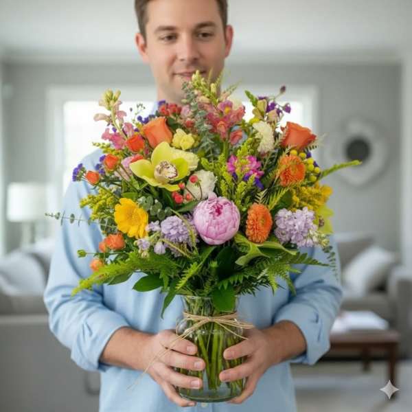 Man holding a colorful mixed bouquet in a glass vase